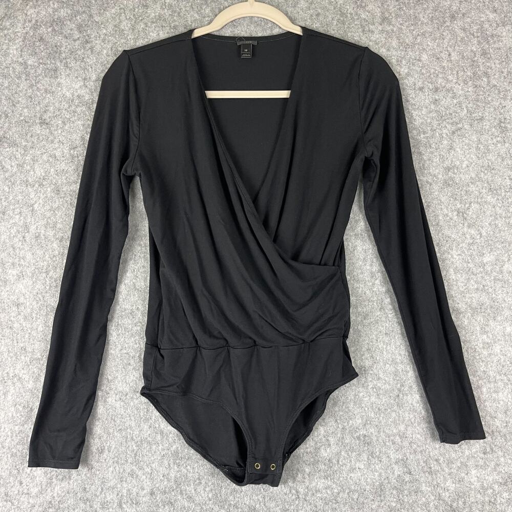 J Crew Bodysuit Womens XS Black Surplice Wrap Long Sleeve Modal Blend Stretchy